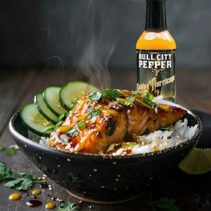Crispy honey-glazed salmon with Golden Hurricane hot sauce