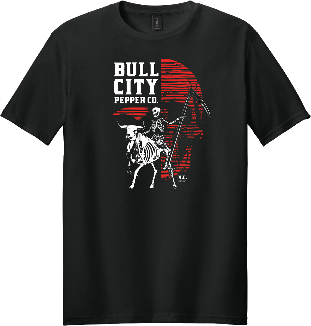 Black Death Rides a Bull t-shirt: a skeleton with a scythe riding a skeleton bull in front of a red skull