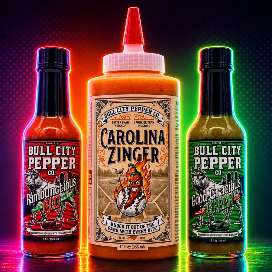 Carolina Zinger Gift Pack: Rambunctious Red hot sauce, Good Gracious Green hot sauce and Carolina Zinger spicy condiment