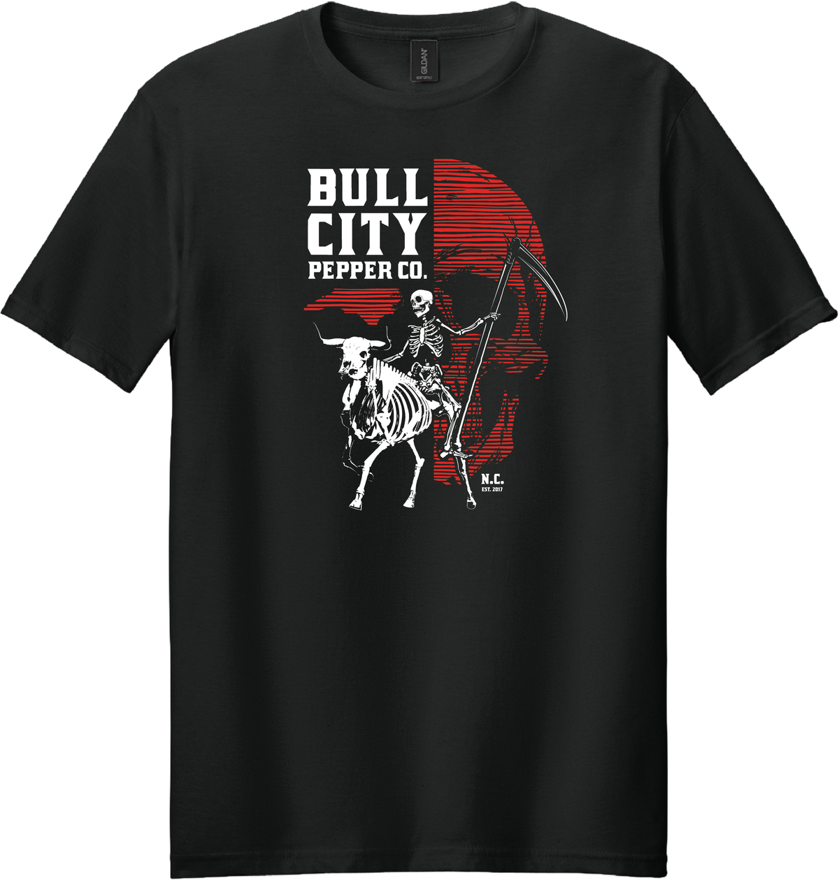 Black Death Rides a Bull t-shirt: a skeleton with a scythe riding a skeleton bull in front of a red skull