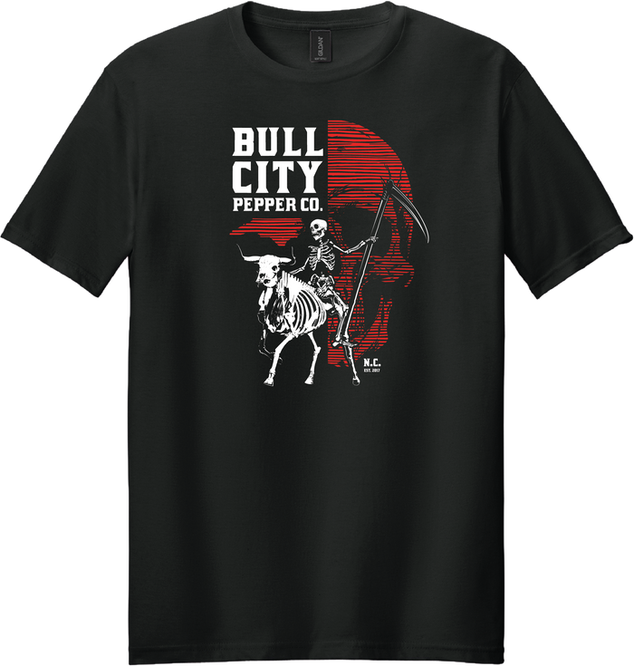 Death Rides a Bull tee: the skeleton rider on a black t-shirt