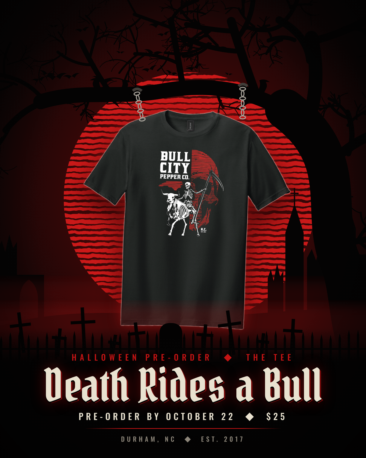 Halloween pre-order flyer: the Death Rides a Bull tee hanging in chains from a dead tree in front of a blood moon